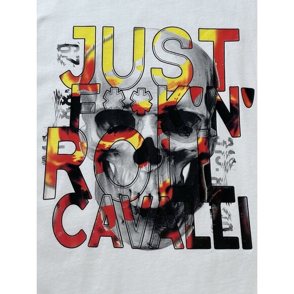 Just Cavalli Mens White Skull Tee Shirt "JUST F**K'N' ROLL CAVALLI" Crew Neck L - Picture 1 of 11